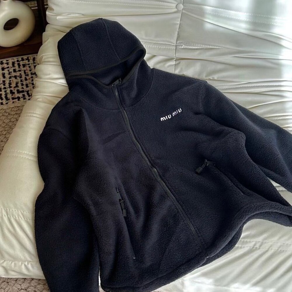 MIUMIU Solid Color Fleece Hooded Zip-Up Sweatshirt